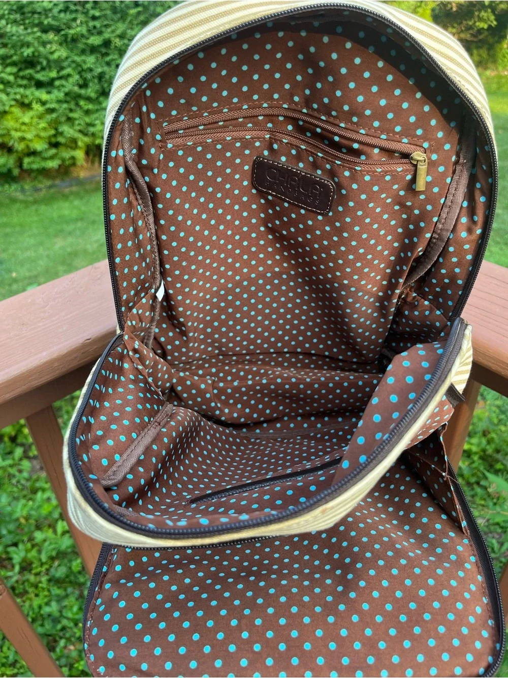 Chala Cream & Brown Striped Backpack with Dachshund Dog Applique